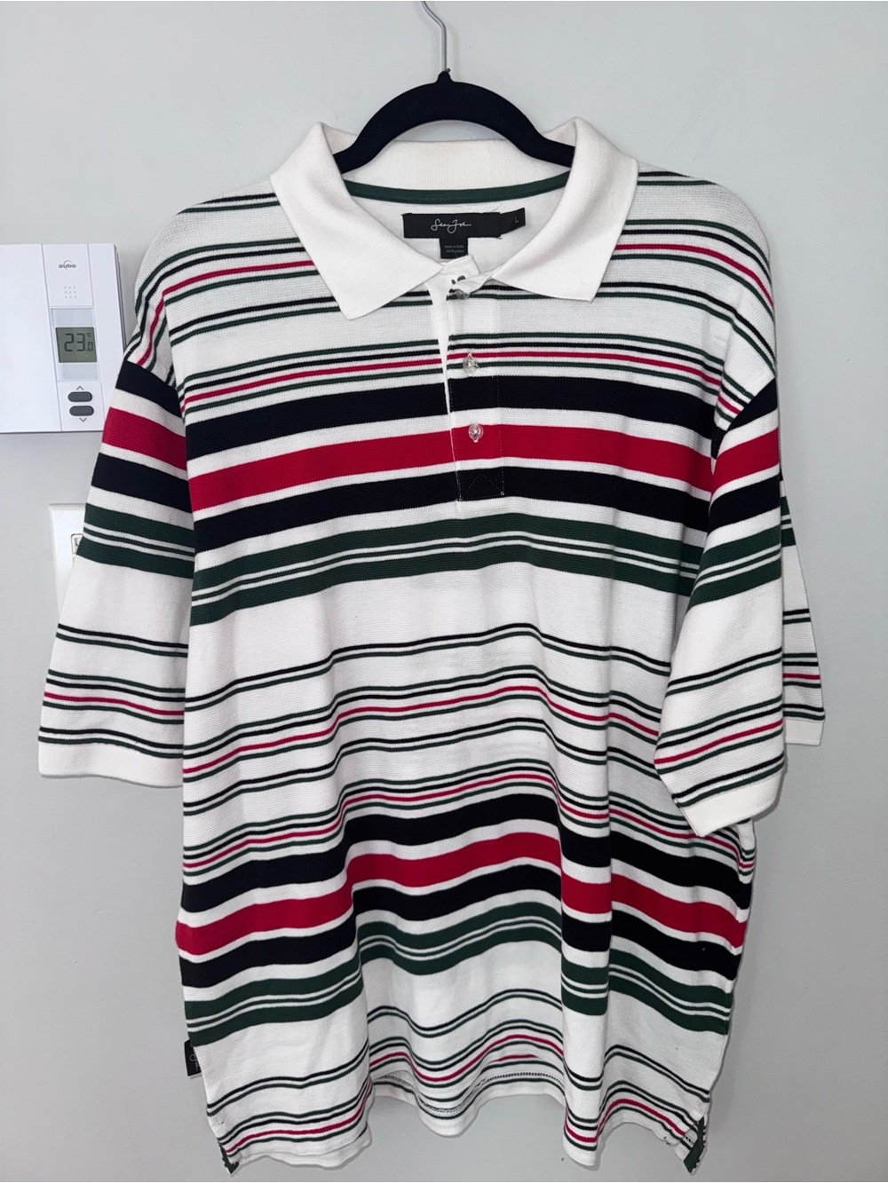 Sean John Striped Polo Shirt in White, Black, Red & Green
